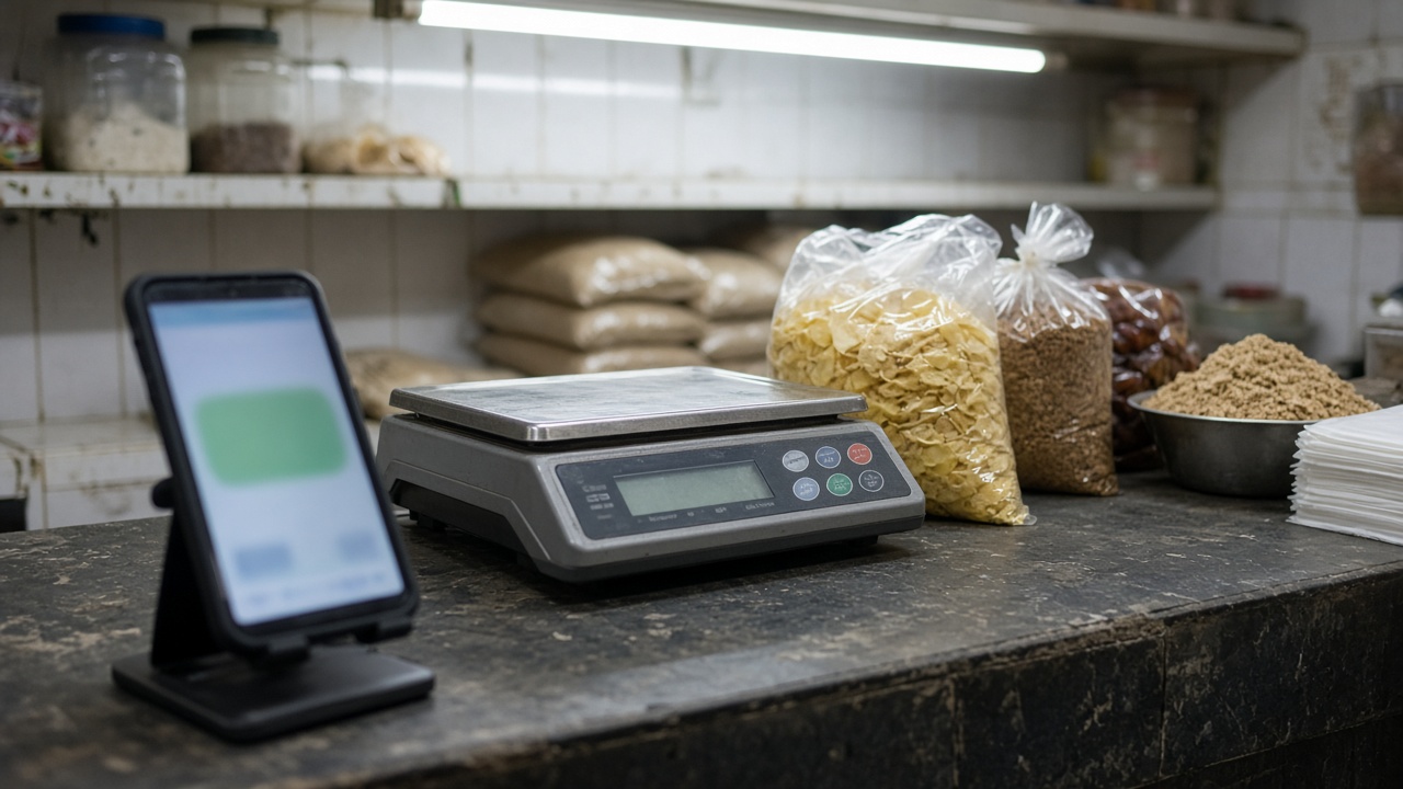 Small shop merchant counter with a smartphone on a stand showing a blurred payment screen, weighing scale and packaged goods under tube lights, no logos or readable text