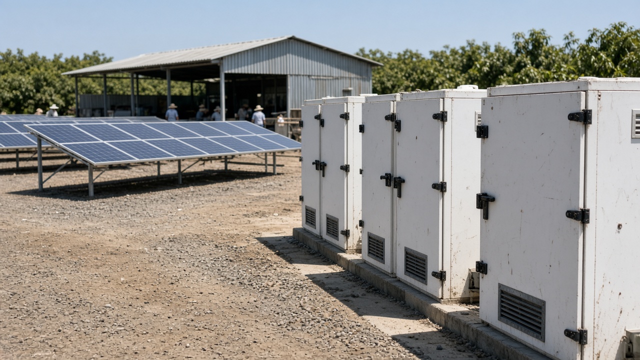 Solar panel arrays beside white agricultural drying cabinets on a Pingtung mango farm under harsh midday sun, corrugated metal shed and dusty gravel yard, workers in hats blurred in background, no logos or readable text
