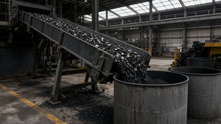 Inside a Pittsburgh riverfront recycling plant with a conveyor feeding shredded battery scrap into drums of dark cathode powder, worn concrete floor, skylight panels, no logos or readable text