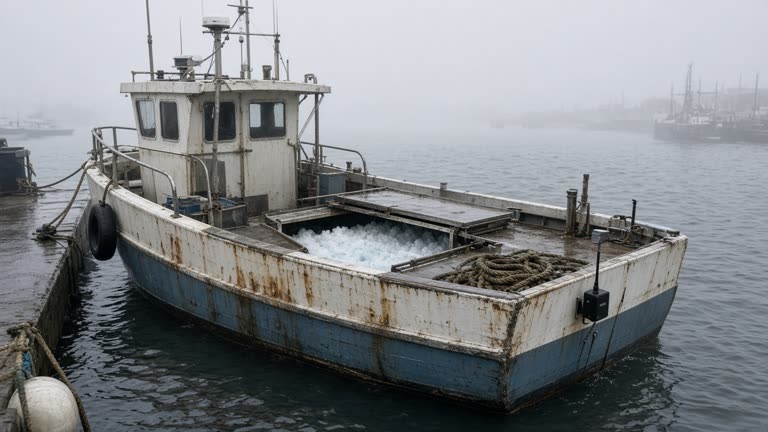 Small fishing day boat in Plymouth harbour with open ice hold hatch and a wireless sensor clipped to the hull, grey morning sea fog, wet rope coils on deck, no logos or readable text