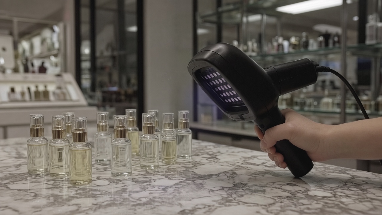Beauty counter with glass serum bottles and a handheld UV demonstration lamp on a marble surface, soft mall lighting, no logos or readable text.