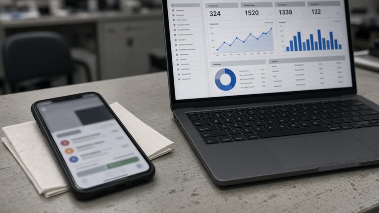 A smartphone on a desk showing a blurred anti-fraud app interface beside a laptop with an ad dashboard, office fluorescent lighting, no logos or readable text