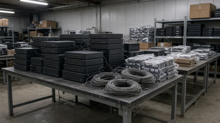 Evidence tables in a Bucheon police warehouse with stacked GSM gateway boxes, coiled antenna cables, and sealed SIM card cartons under harsh fluorescent light, scuffed concrete floor, no logos or readable text.