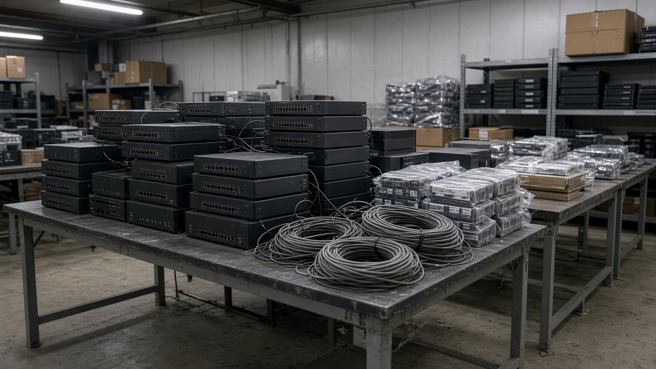 Evidence tables in a Bucheon police warehouse with stacked GSM gateway boxes, coiled antenna cables, and sealed SIM card cartons under harsh fluorescent light, scuffed concrete floor, no logos or readable text.