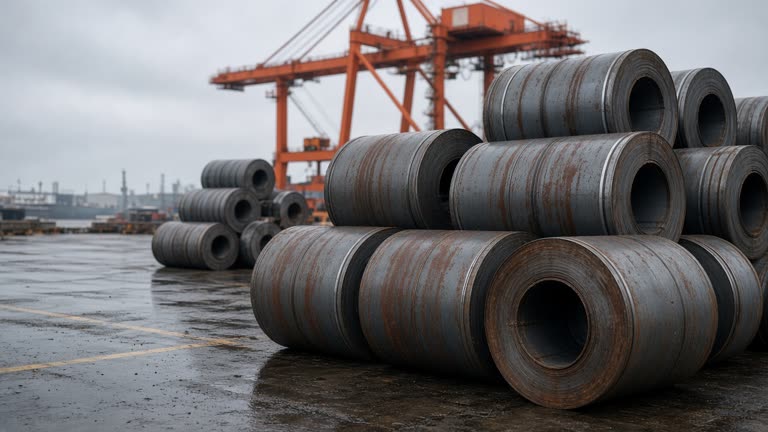Weathered steel coils stacked on a Busan port quay under overcast morning light, orange gantry crane booms in soft focus behind, wet asphalt and rust-streaked banding, documentary framing, no logos or readable text