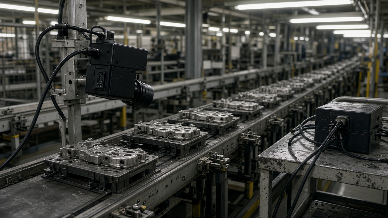Industrial camera mounted above a Toyota supplier assembly line in Aichi with a small edge compute box on a rolling cart, factory fluorescent lighting, metal parts on conveyor, no logos or readable text