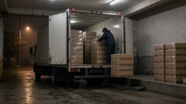 Refrigerated truck backed into a Taiwan convenience distribution bay with workers unloading stacked gift boxes under fluorescent canopy light, humid evening air, no logos or readable text