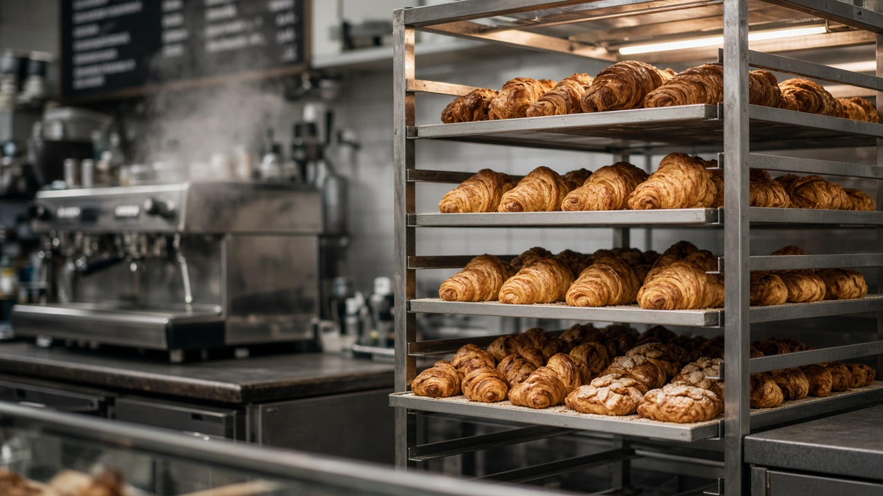 Behind the counter of a UK high-street sandwich shop, stainless bakery racks hold golden croissants and laminated pastries under warm overhead lights, barista machine steam and chalkboard menu blurred unreadable, no logos or readable text