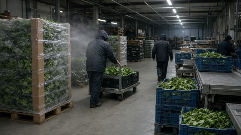 Workers moving refrigerated produce pallets through a warehouse cross-dock with misting hoses and plastic crates of leafy greens, cool fluorescent light, no logos or readable text