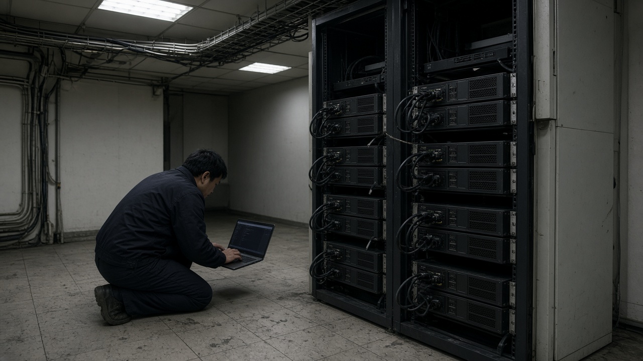 A short rack of black GPU servers in a dim Taipei office server closet with cable trays and fluorescent ceiling panels, technician kneeling with a laptop, scuffed tile floor, no logos or readable text