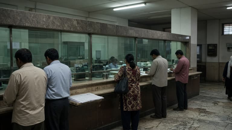 Customers waiting at a public-sector bank branch counter with fixed-deposit forms on the desk, fluorescent ceiling light, green partition glass, worn marble floor, no readable signage or logos