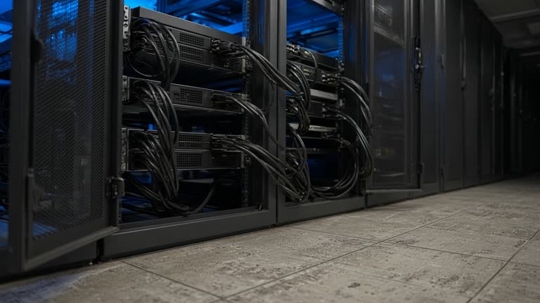 Data center cold aisle with open server rack doors showing accelerator sleds and thick power cables, blue emergency lighting, scuffed anti-static floor tiles, no logos or readable text
