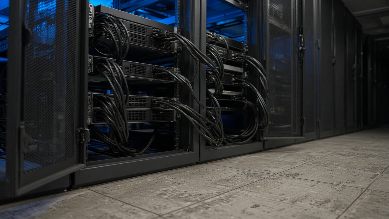 Data center cold aisle with open server rack doors showing accelerator sleds and thick power cables, blue emergency lighting, scuffed anti-static floor tiles, no logos or readable text