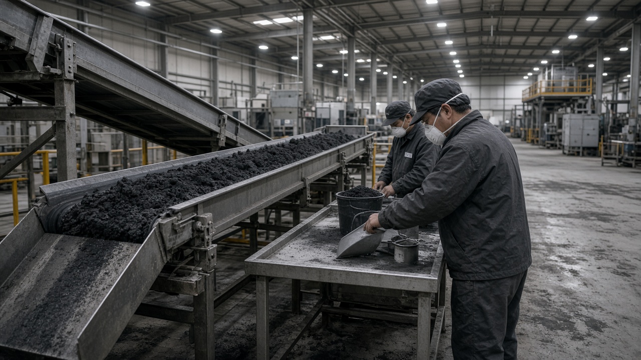 Industrial recycling hall in Gwangju with a conveyor carrying crushed dark battery powder under bright factory lights, workers in dust masks at a sampling station, gray concrete floor stains, no logos or readable text