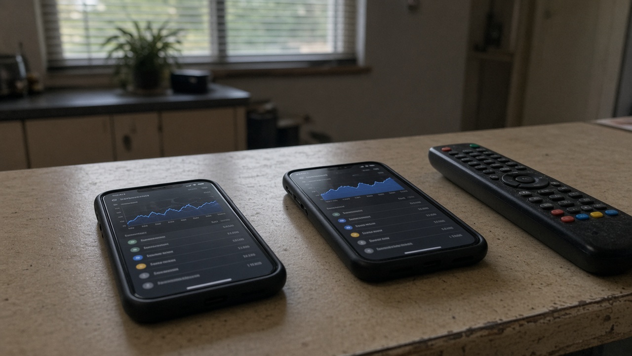 Two smartphones on a kitchen table showing banking app charts beside a television remote, evening light through venetian blinds in a regional Australian home, no readable text