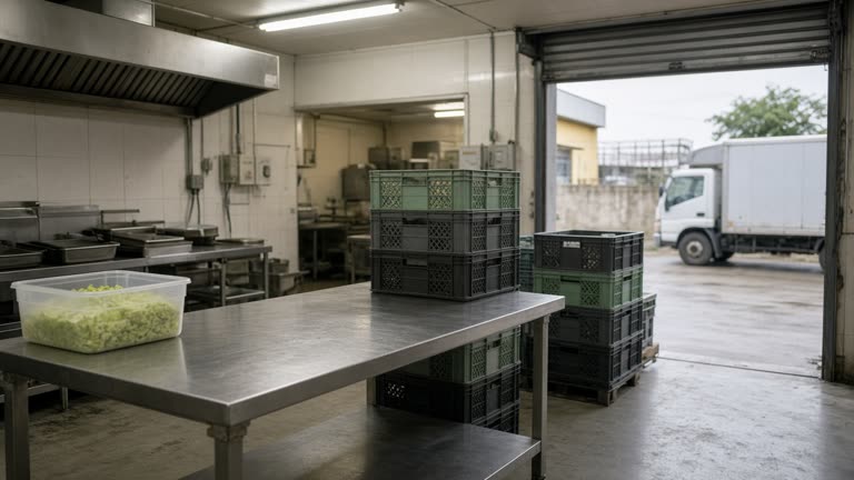 Industrial commissary kitchen with stainless prep tables and stacked delivery crates beside a loading bay in Gurugram, fluorescent overhead light, no logos or readable text