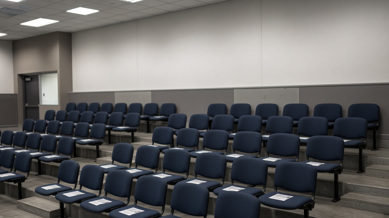 Empty tiered conference seating in a London venue with neutral walls and soft overhead lighting, folded programmes on chairs, no logos or readable text