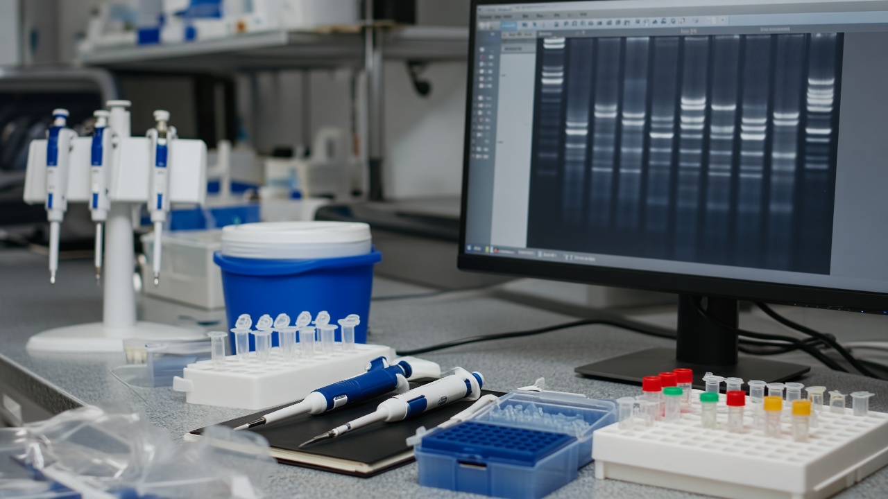 Biochemistry lab bench with microcentrifuge tubes and pipettes beside a monitor showing blurred gel imagery, cool white LED lighting, no readable text or logos