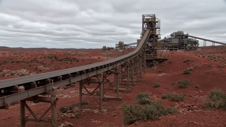 Long iron ore conveyor belt curving across red Pilbara scrub toward a distant processing plant, overcast daylight, dust on steel idlers, maintenance scaffolding at a transfer tower, no logos or readable text