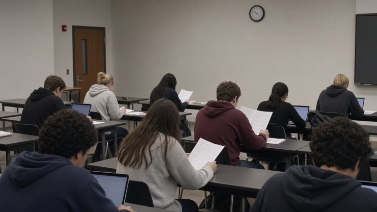 University classroom with students at desks reviewing printed syllabi and laptops, projector off, neutral walls, no logos or readable text.