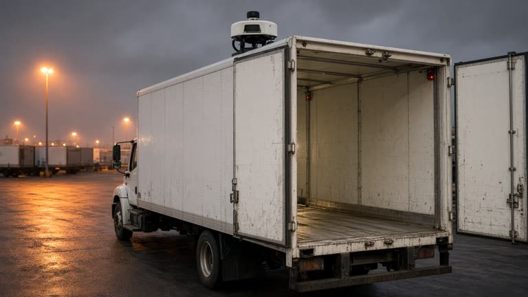 White refrigerated truck parked at a highway logistics hub at dusk, roof-mounted sensor pod and open rear doors showing insulated interior, sodium yard lights, no logos or readable text