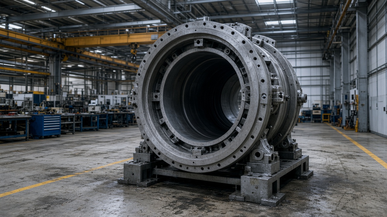 Large machined metal turbine casing on a factory floor in Derby, overhead cranes and yellow safety markings, cool industrial lighting, oil stains on concrete, no logos or readable text