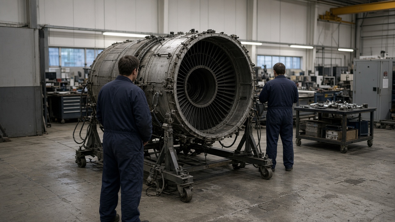 Inside an aircraft engine maintenance hangar in Derbyshire, a partially disassembled jet engine on stands with turbine blades visible, fluorescent workshop light and concrete floor, technicians in overalls with backs to camera, no logos or readable text