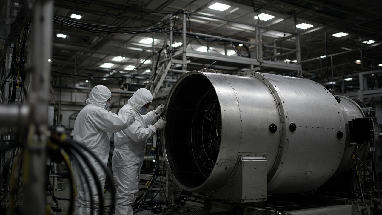 Clean-room technicians in white suits adjusting a large silver space telescope barrel under bright overhead panels, cables and scaffolding blurred, no readable logos or text