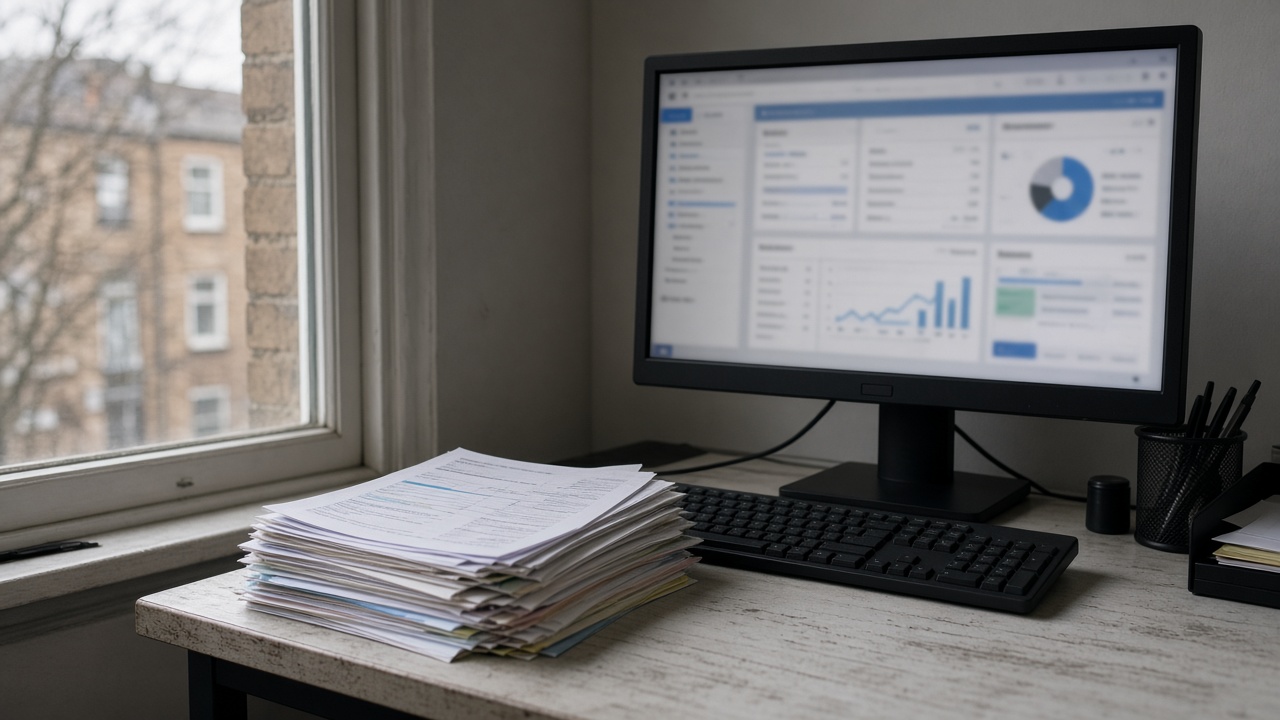 UK accountancy practice desk with stacked paper invoices beside a widescreen monitor showing a blurred accounting dashboard, afternoon window light, no logos or readable text.