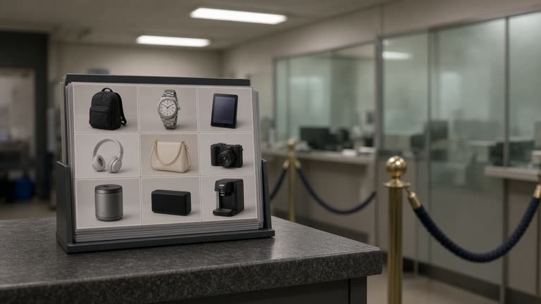 Credit card reward catalog display stand in a bank branch lobby with blurred product photos and frosted glass, fluorescent ceiling light and queue rope, no logos or readable text