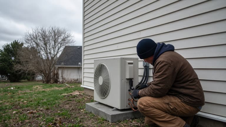 Outdoor heat pump condenser unit mounted beside a detached house wall, installer in work clothes connecting copper lines on a cloudy afternoon, pale siding and patchy grass, no logos or readable text