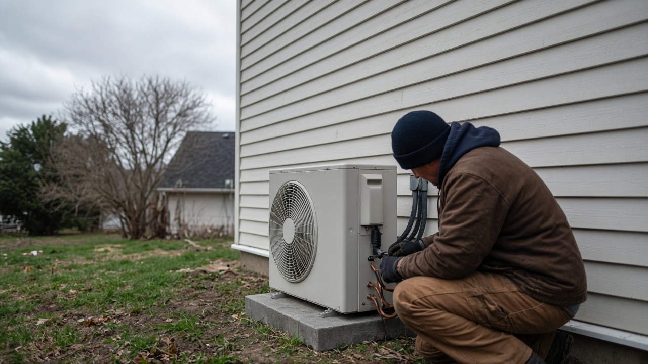 Outdoor heat pump condenser unit mounted beside a detached house wall, installer in work clothes connecting copper lines on a cloudy afternoon, pale siding and patchy grass, no logos or readable text