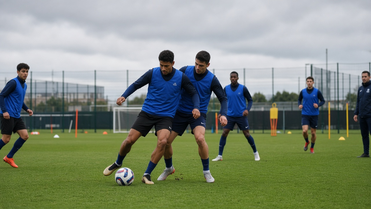 National team football practice on a green pitch, players in blue training bibs, overcast sky, no logos or readable text.