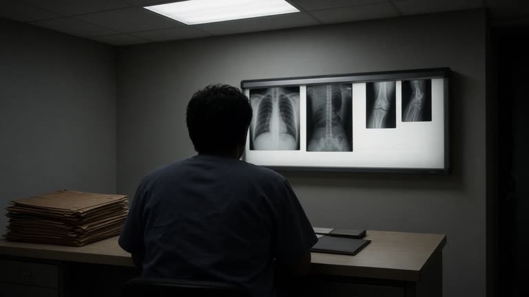 A dim radiology reading room with a wall-mounted lightbox and stacked film envelopes on a laminate desk, a clinician silhouette in scrubs facing away, cool fluorescent ceiling panels, no logos or readable text