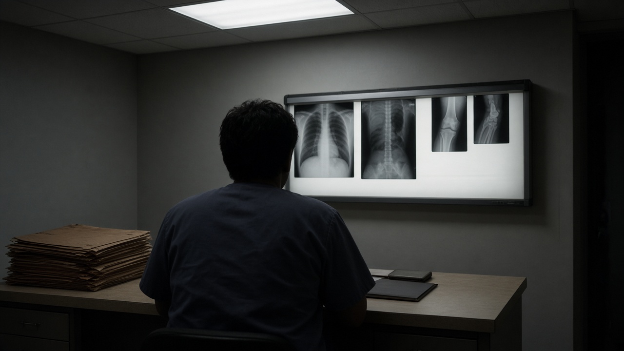 A dim radiology reading room with a wall-mounted lightbox and stacked film envelopes on a laminate desk, a clinician silhouette in scrubs facing away, cool fluorescent ceiling panels, no logos or readable text