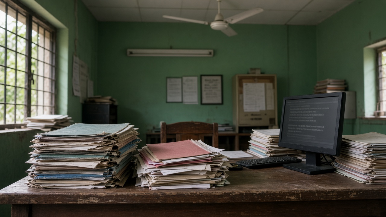 District court clerk desk with stacked case folders and a desktop monitor showing blurred Hindi text lines, ceiling fan and green-painted walls, afternoon window light, no logos or readable text