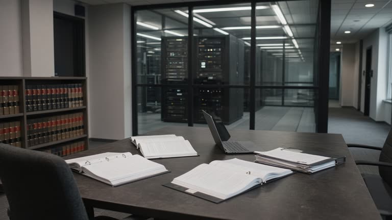 Corporate law library table with open legal binders beside a laptop and a glass-walled server corridor in the background, cool office lighting, no logos or readable text.