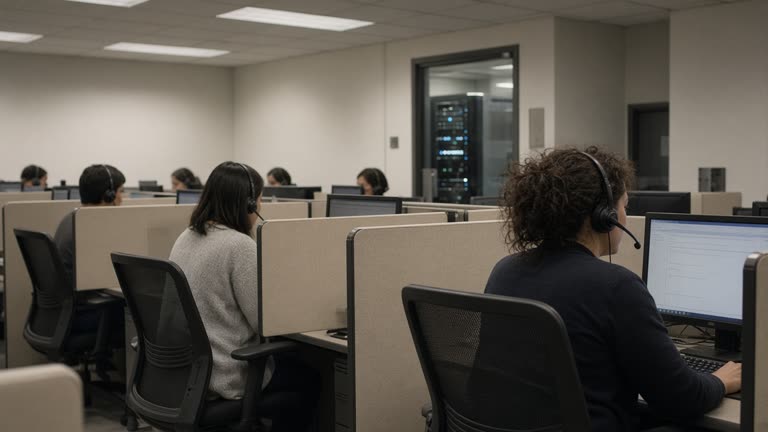 Municipal call center row with agents wearing headsets at cubicles, beige walls and fluorescent ceiling panels, server glass door visible in background, no logos or readable text