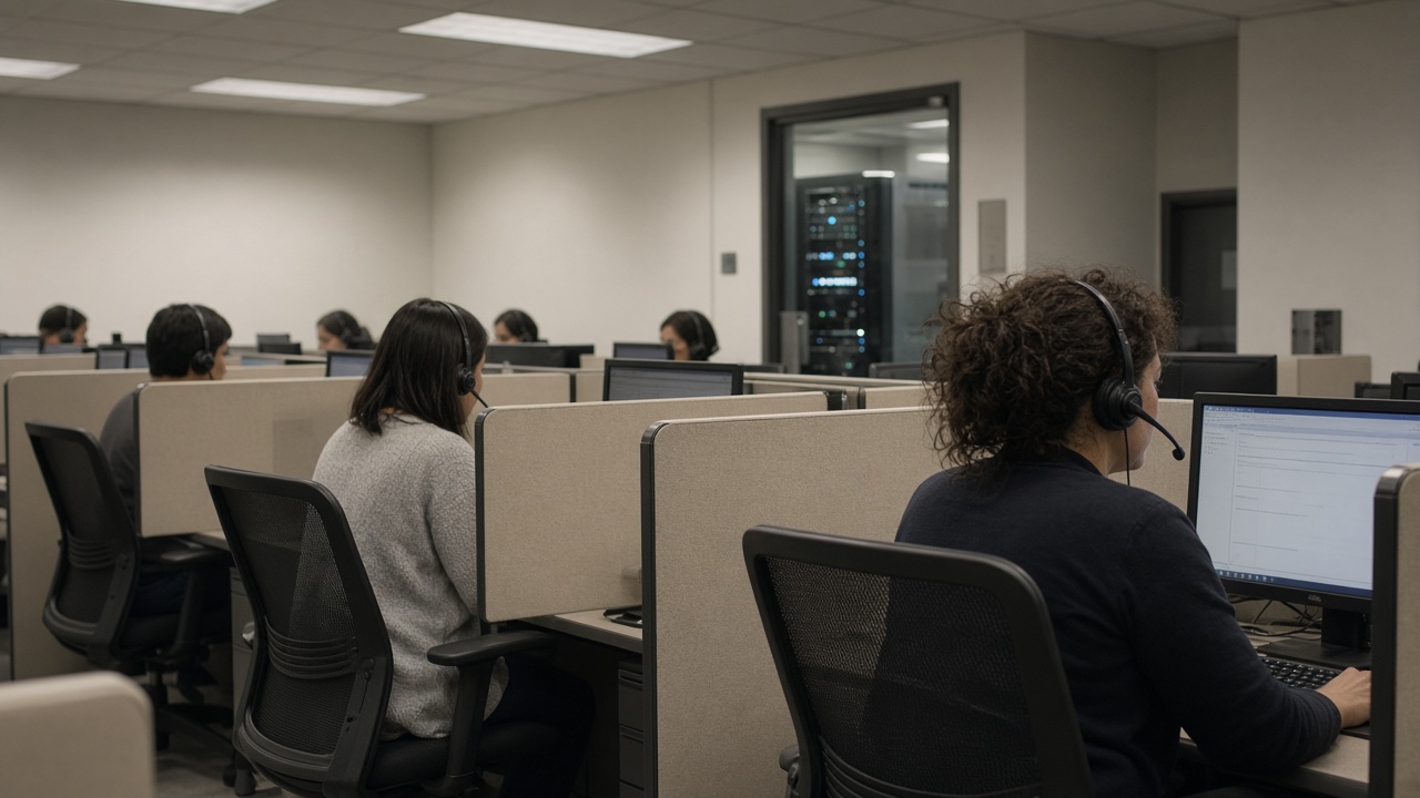 Municipal call center row with agents wearing headsets at cubicles, beige walls and fluorescent ceiling panels, server glass door visible in background, no logos or readable text