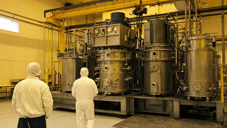 Semiconductor display tool bay with evaporation equipment under yellow clean-room lighting, stainless vacuum chambers and overhead crane rails, technicians in coveralls seen from behind, no logos or readable text