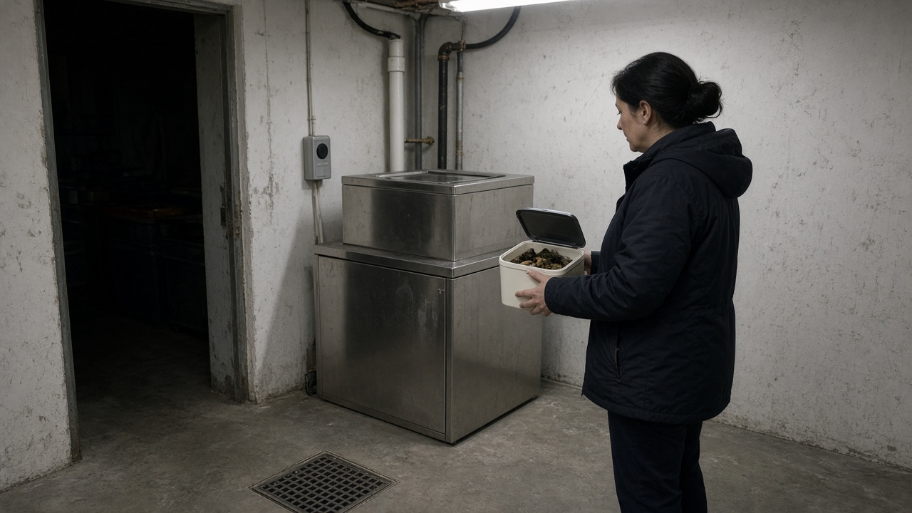 Apartment basement food-waste room with stainless weigh bin and RFID card reader, resident holding a small kitchen compost caddy, fluorescent light, concrete floor drain, no logos or readable text