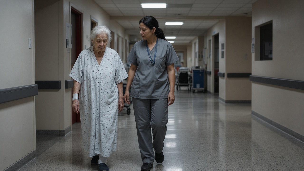 Hospital dementia ward corridor with an elderly patient in cotton gown and soft gait-monitoring wristband walking beside a nurse in muted scrubs, fluorescent ceiling panels, polished tile, no logos or readable text