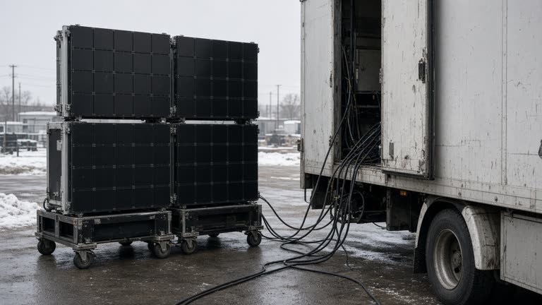 Modular MicroLED display tiles stacked beside an outdoor broadcast truck in a snowy industrial yard, flat winter daylight, cables on wet asphalt, no logos or readable text.