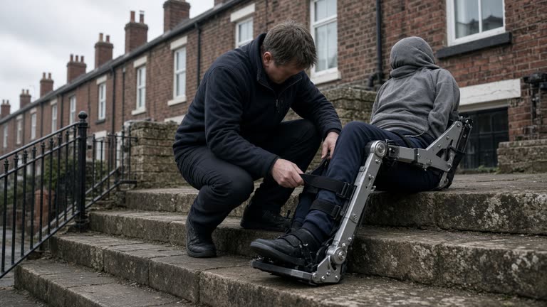 Rehabilitation exoskeleton frame on stone steps outside a Yorkshire terraced house, physiotherapist adjusting straps, overcast morning, no logos or readable text