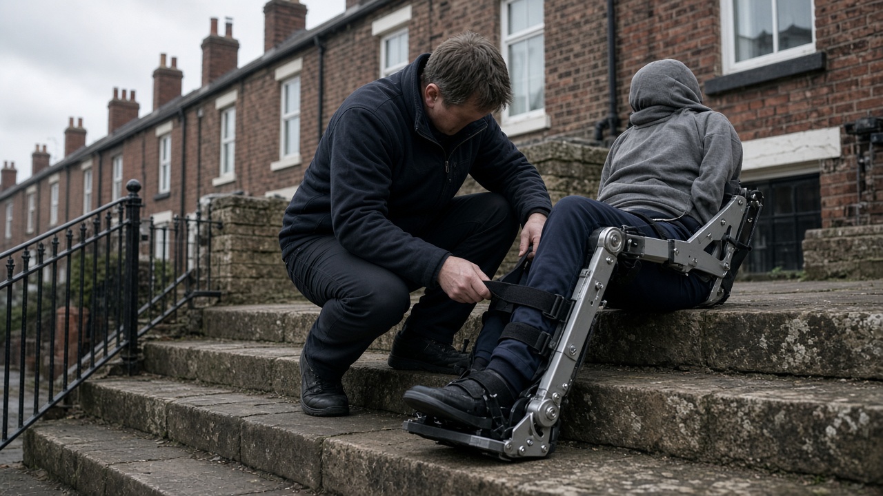Rehabilitation exoskeleton frame on stone steps outside a Yorkshire terraced house, physiotherapist adjusting straps, overcast morning, no logos or readable text