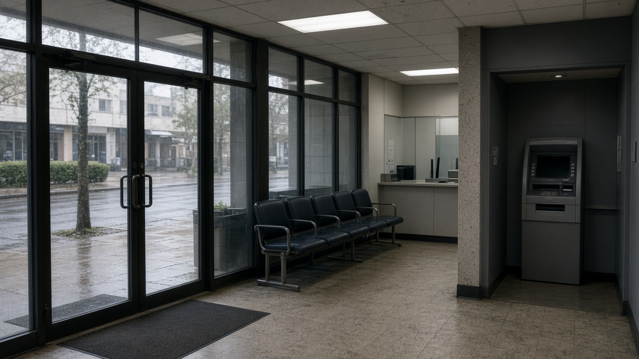 Urban bank branch interior with glass doors, waiting chairs and an ATM alcove under flat ceiling fluorescents, rain-streaked sidewalk visible outside, no logos or readable text