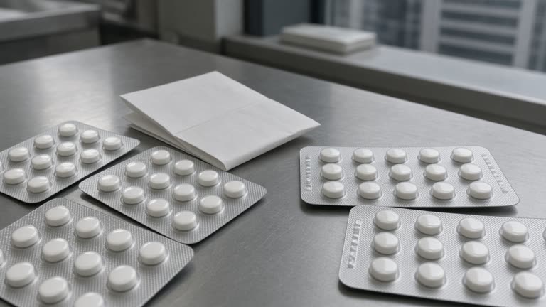 Aluminum blister packs of white tablets on a stainless pharmacy bench beside a folded patient leaflet turned face-down under soft office lighting in a Seoul tower, no logos or readable text.