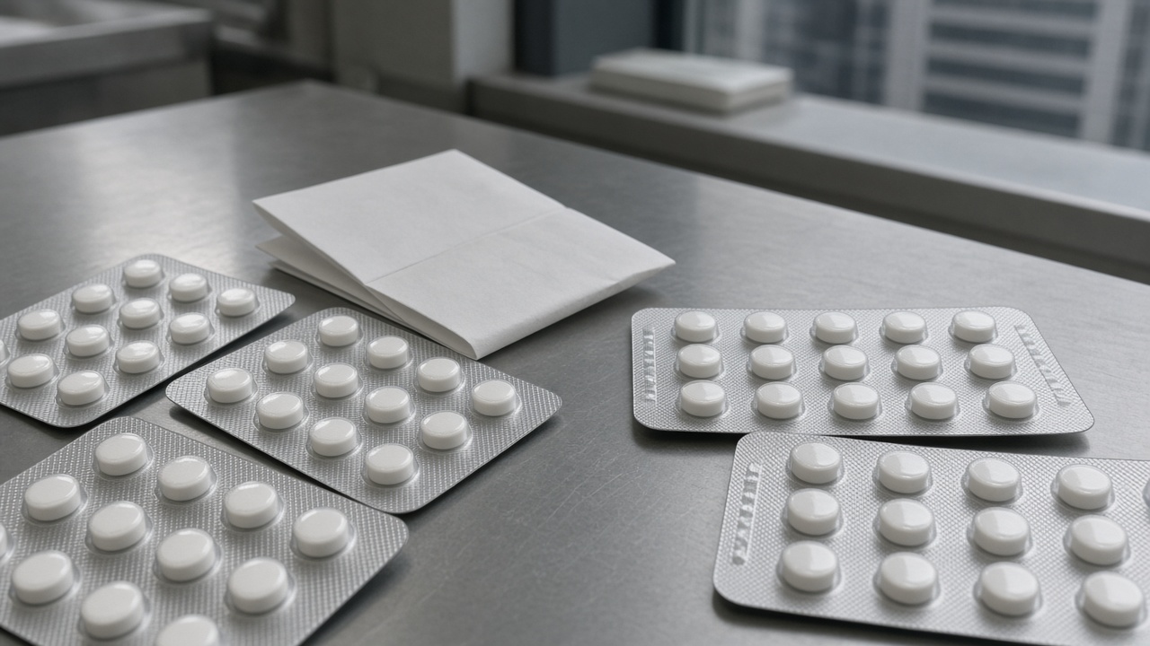 Aluminum blister packs of white tablets on a stainless pharmacy bench beside a folded patient leaflet turned face-down under soft office lighting in a Seoul tower, no logos or readable text.