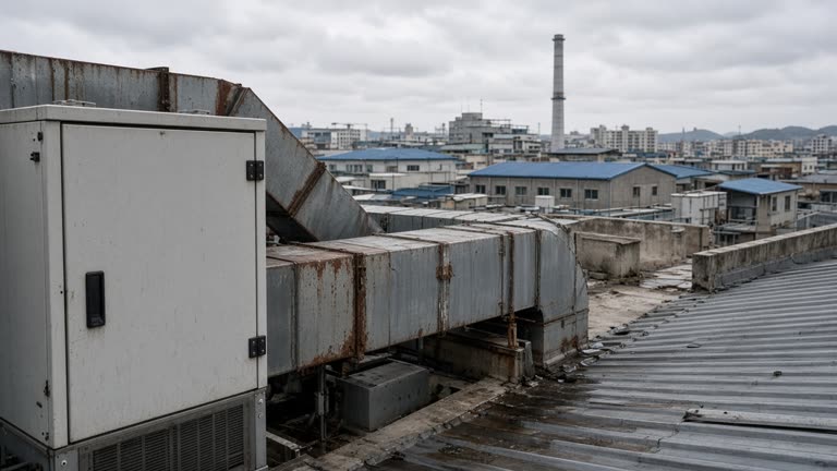 Rooftop 5G small-cell cabinet beside rusted HVAC ducts overlooking a Daegu factory block, overcast afternoon, corrugated metal and concrete, no logos or readable text
