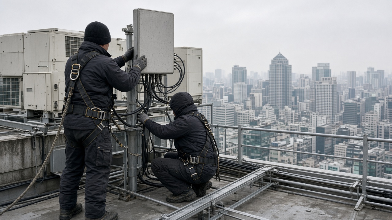 Technicians on a Seoul office tower rooftop adjusting a compact 28GHz antenna beside HVAC units, hazy morning light over mid-rise glass buildings, cable trays and safety harnesses, no logos or readable text
